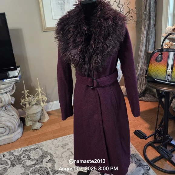 Guess Burgundy Purple Wool Blend Coat with Faux Mongolian Fur Trim Designer #679